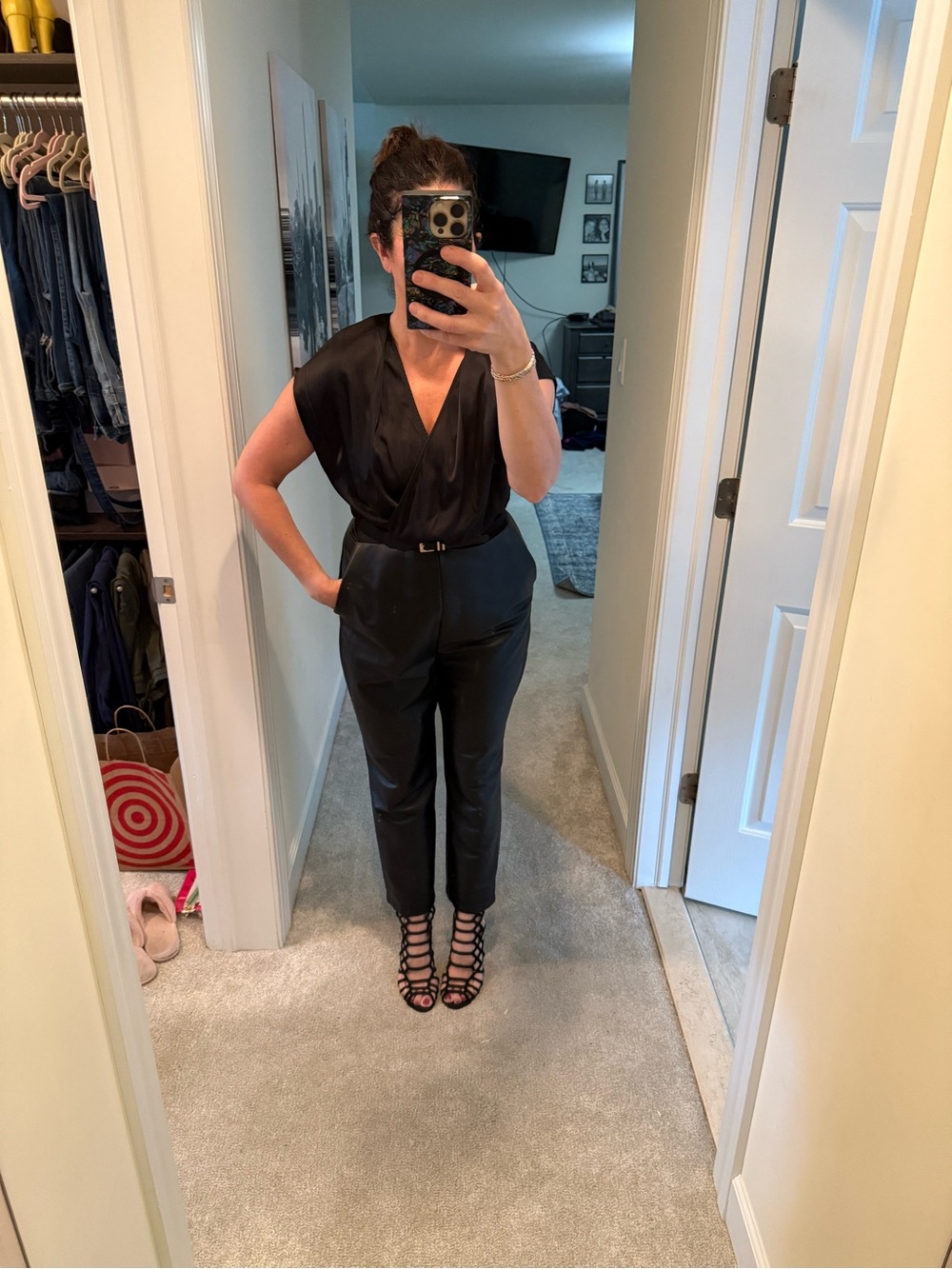Express: Black mixed media -silky upper Faux-Leather bottom High-Waist jumpsuit